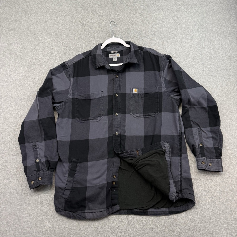Carhartt Fleece Lined Shacket Flannel Shirt Jacket Men's L Relaxed Fit Plaid EUC